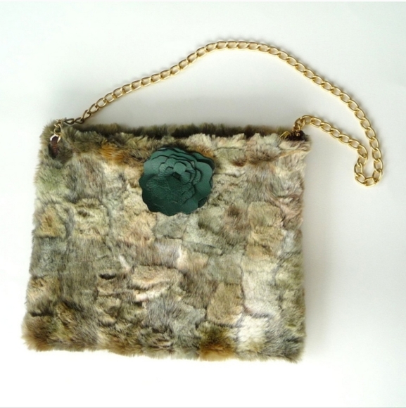 Camo Faux Fur Soft Shoulder Bag Gold Chain Fairycore Rustic Celtic Green Brown - Picture 3 of 9